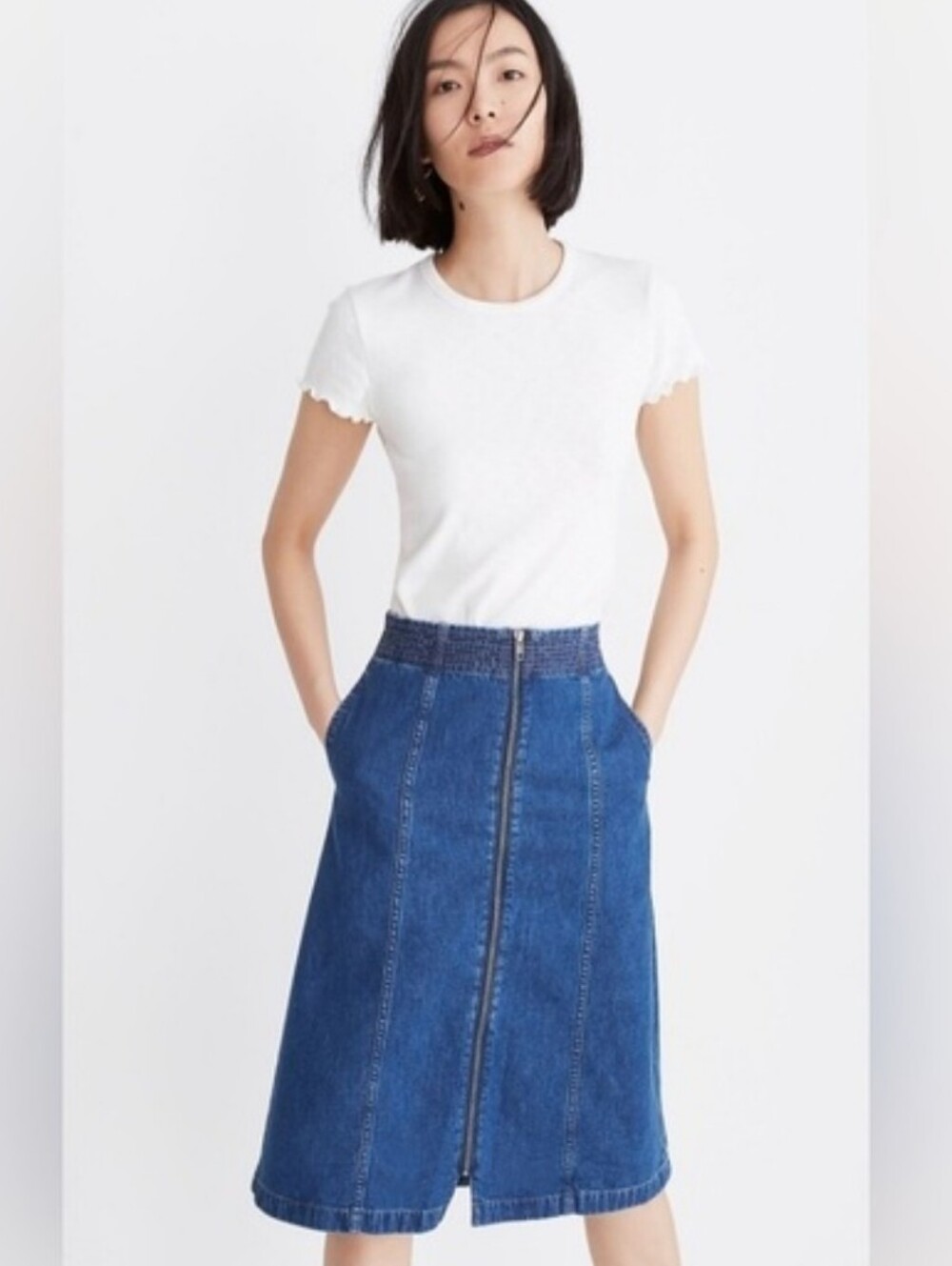 Madewell Denim Jean Skirt Front  Zipper A Line Pockets Cotton Linen Size 28 EUC